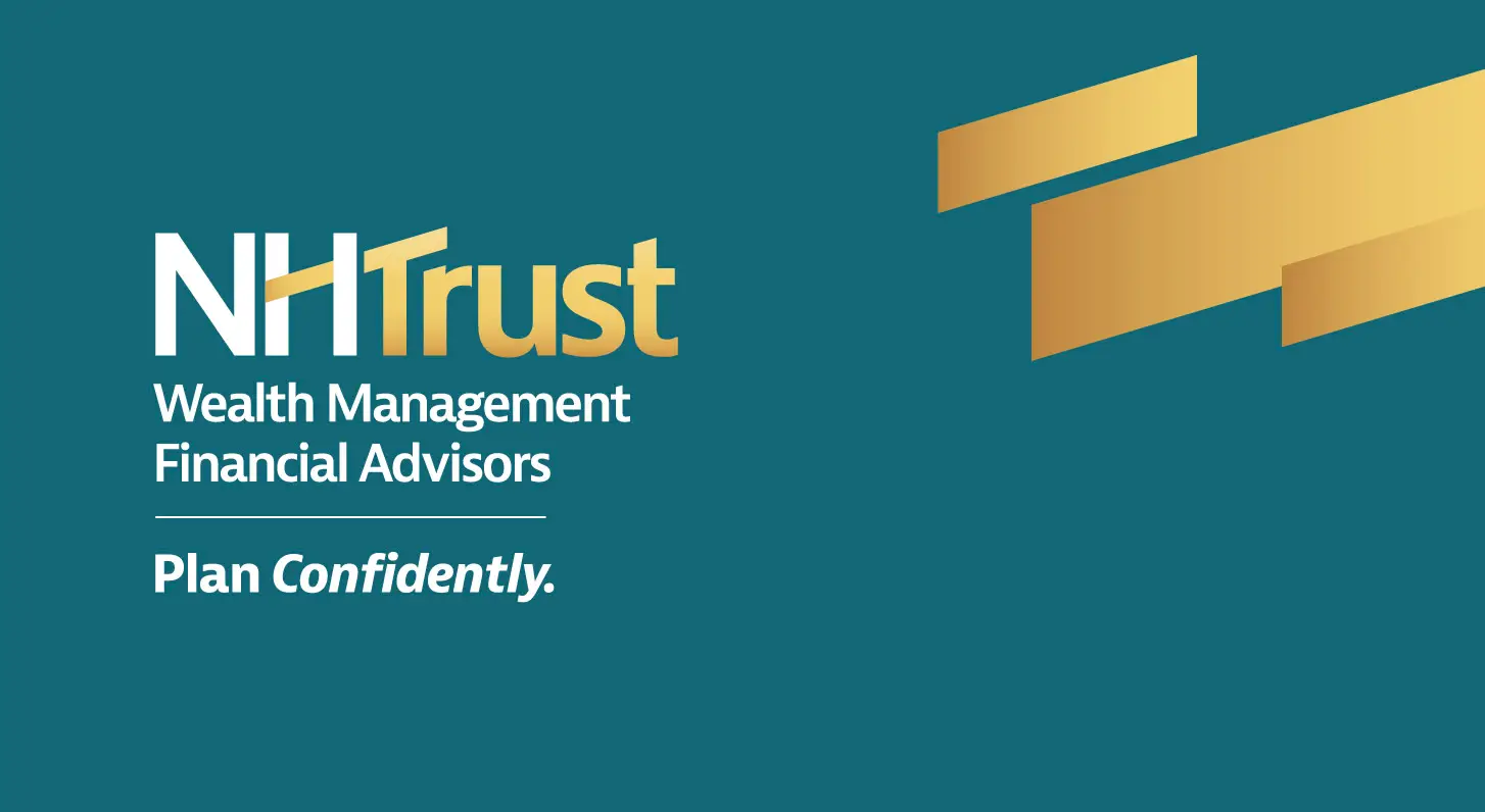 NHTrust logo with the words Wealth Management Financial Advisors. Plan Confidently. on a teal background with a gold geometric design on the right.