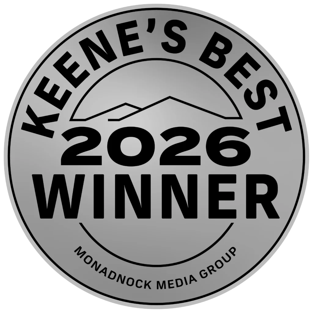 Silver badge reading Keenes Best 2026 Winner, Monadnock Media Group with mountain outline.