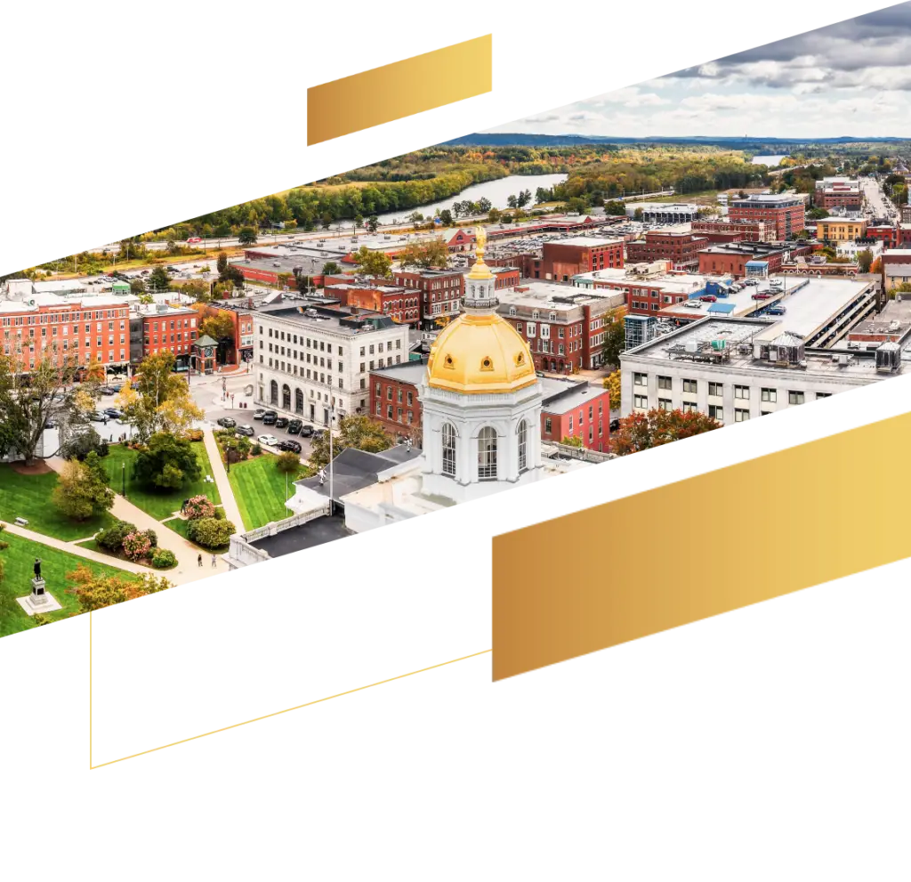 aerial view of Concord NH and the gold-topped capitol building
