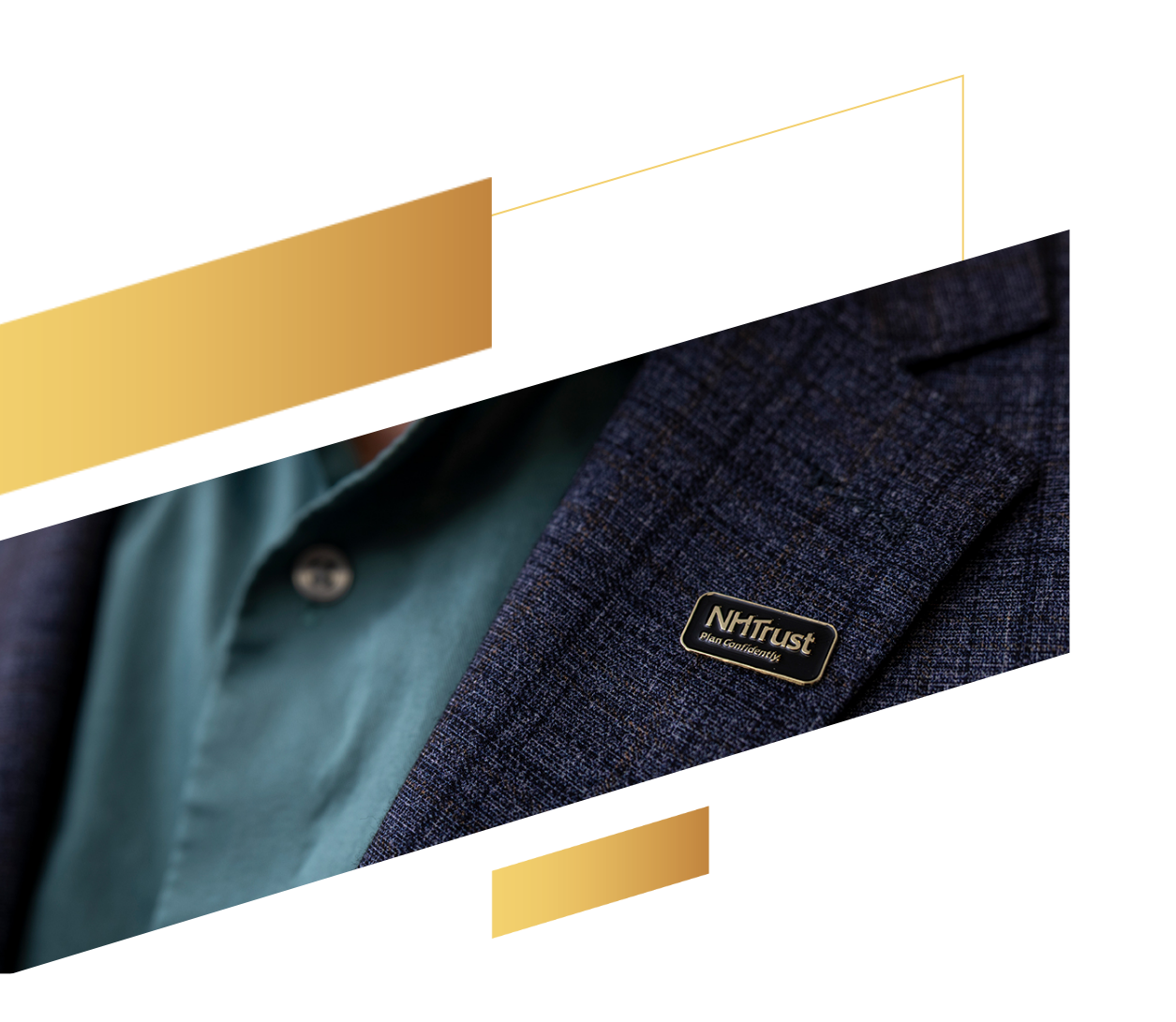 A close-up of a person in a blazer with an NTrust pin and a teal button-up shirt underneath, reflecting professionalism in financial planning services.