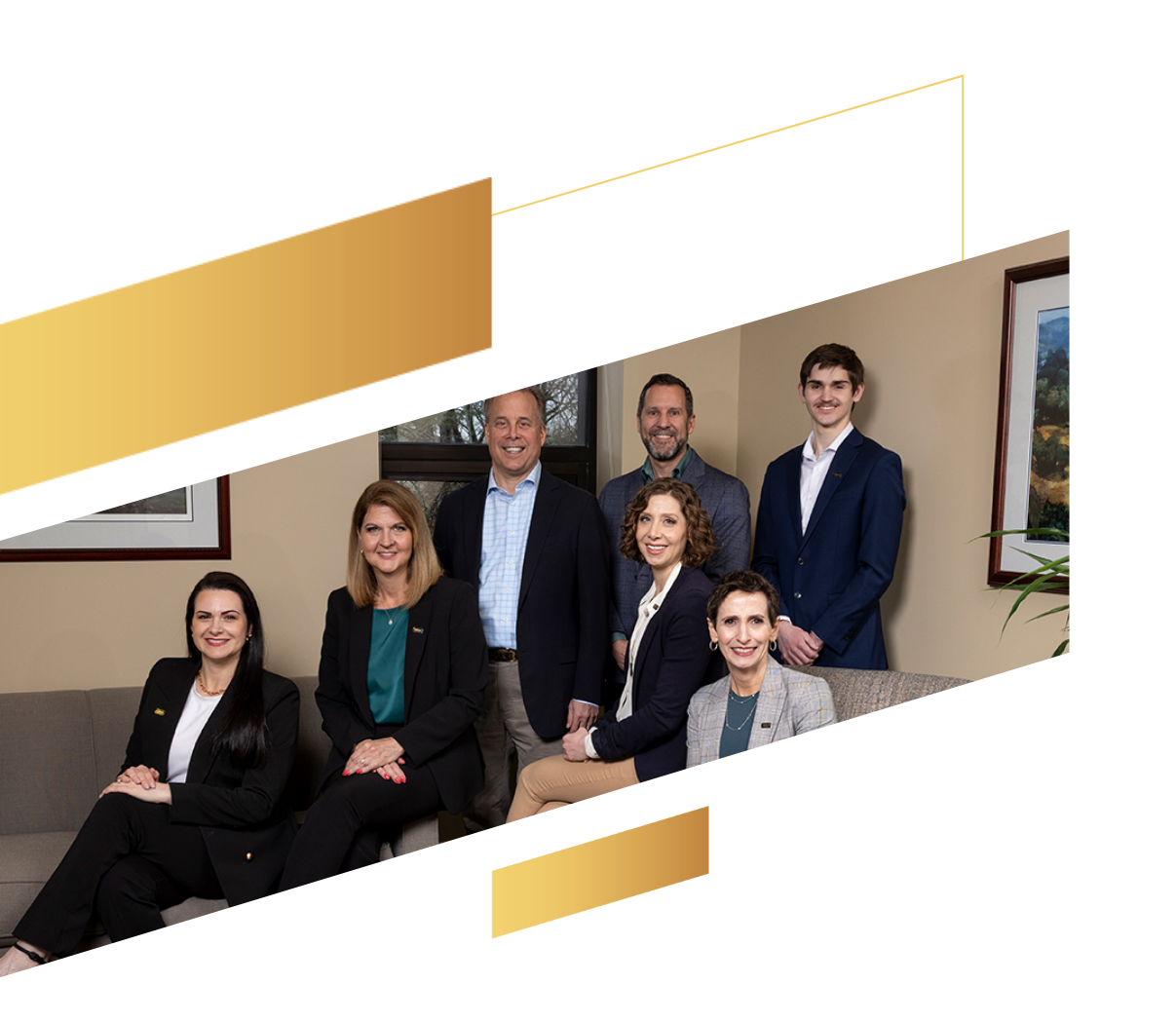 Seven professionally dressed financial advisors posing and smiling together in an office with gold graphic overlays, reflecting their expertise in wealth management.