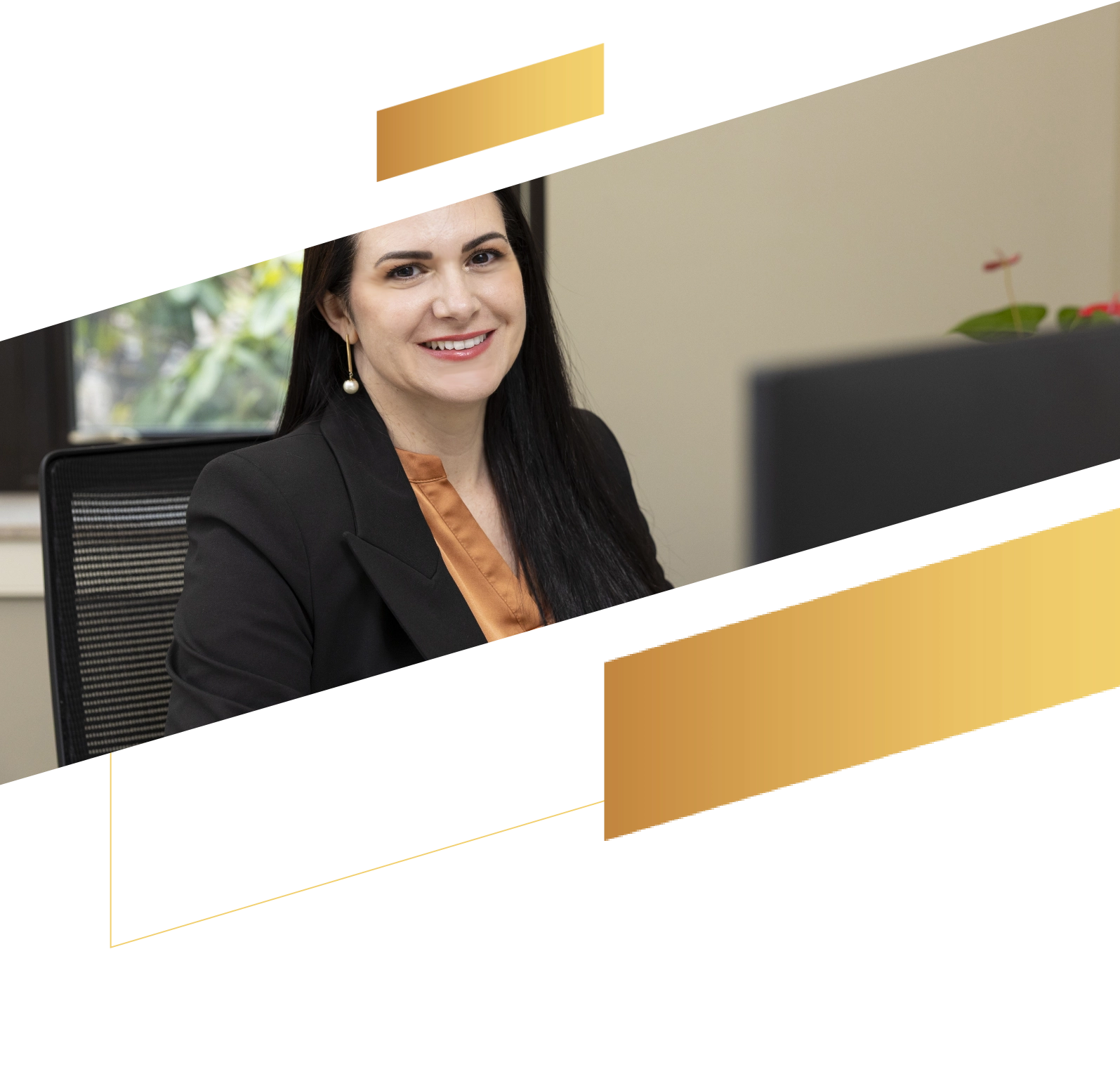 Woman with long dark hair in a blazer smiling at a desk, representing fiduciary services, with gold diagonal design elements over the image.
