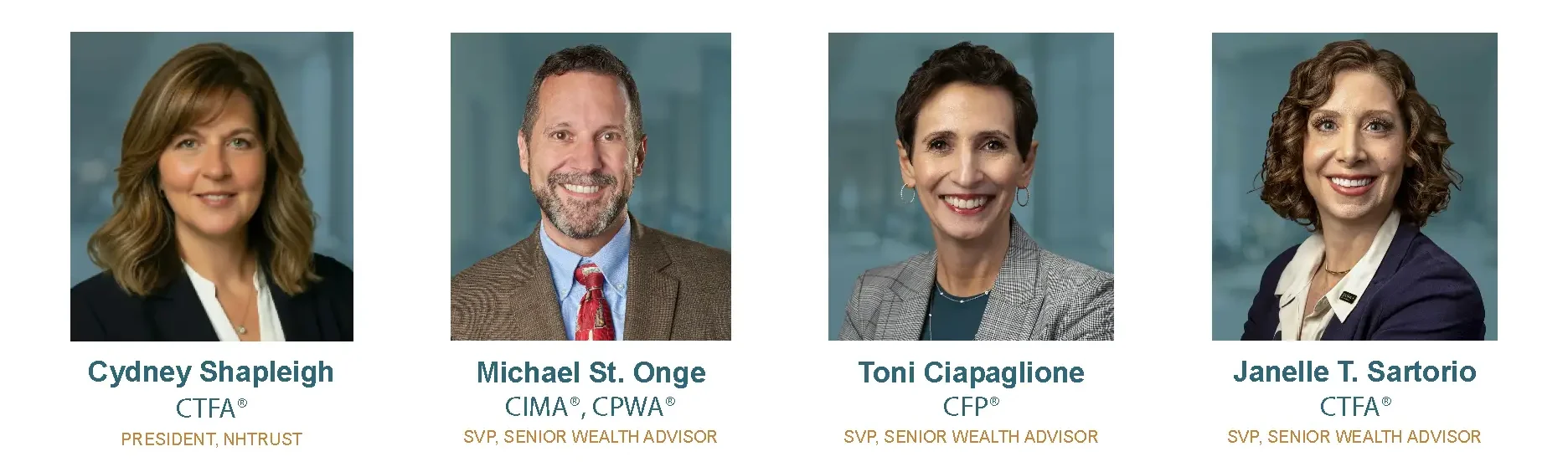 Four professional headshots of financial advisors, each with their name, title, and credentials below—experts ready to guide you through estate planning seminars and help secure your financial future.
