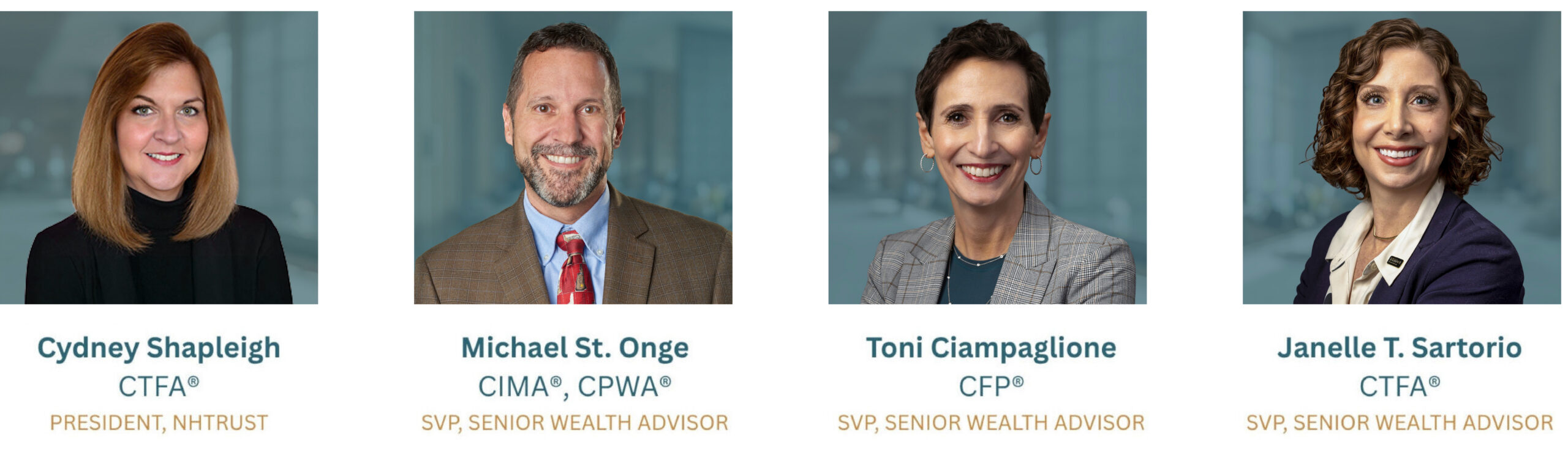 Headshots of team members: Cydney Shapleigh, Michael St. Onge, Toni Ciampaglione, and Janelle T. Sartorio.